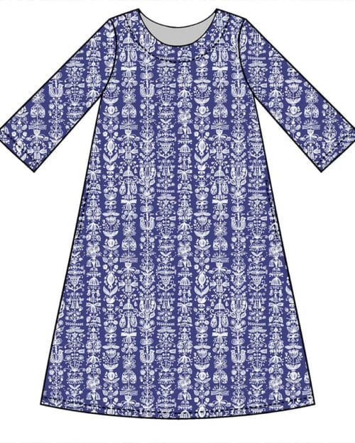 Virkkukoukkusen 3/4-hihainen laadukas Kelpokolttu mekko. Ommeltu Suomessa todella miellyttävän tuntuisesta, pehmeästä ja ryhdikkäästä trikookankaamme. Heili kuosissa on sinisellä pohjalla pystyraitoja jotka muodostuvat valkoisista kiemuraisista kuvioista.