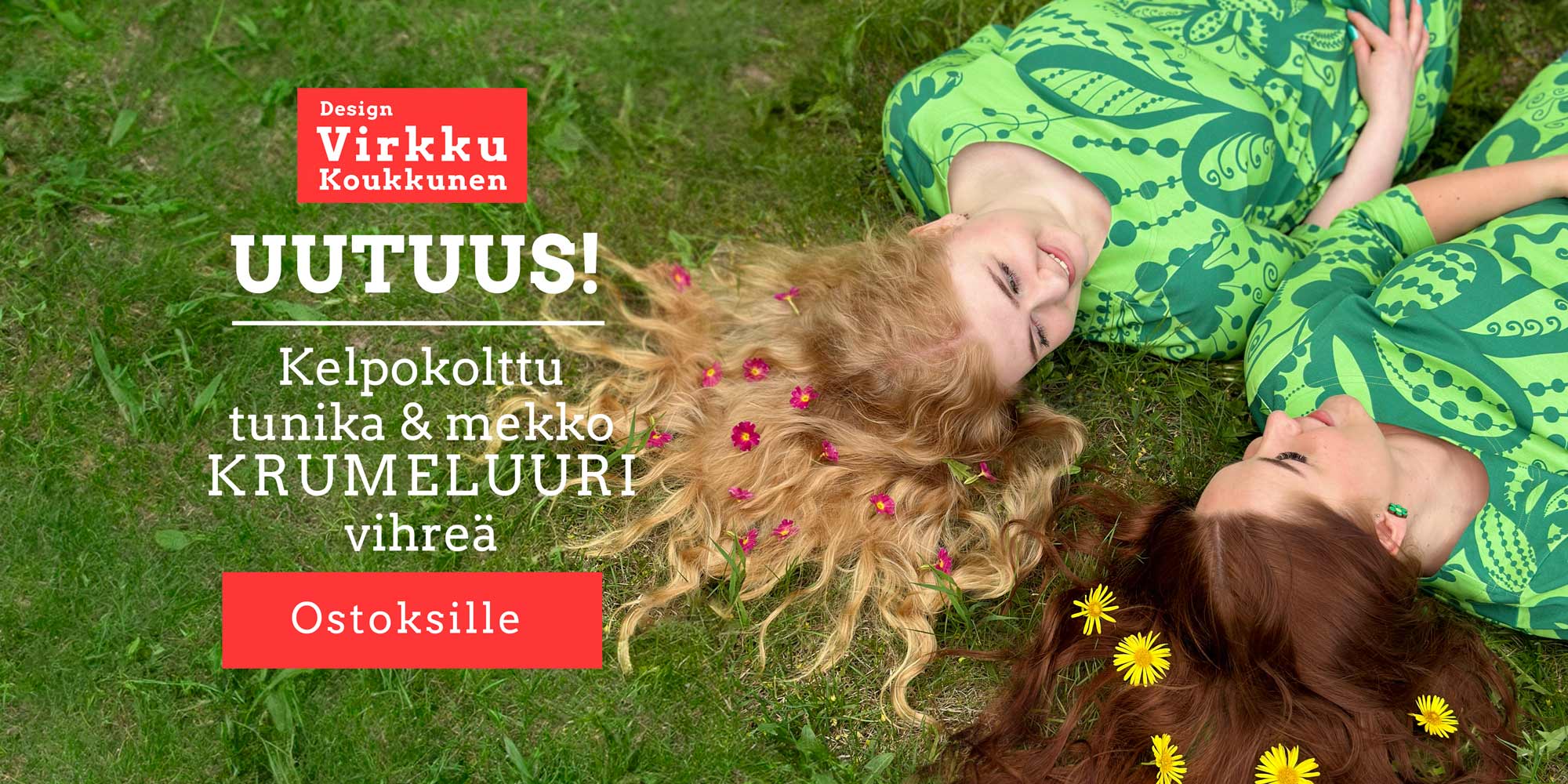Virkkukoukkusen 3/4-hihainen laadukas Kelpokolttu tunika ja mekko. Ommeltu Suomessa todella miellyttävän tuntuisesta, pehmeästä ja ryhdikkäästä trikookankaamme. Krumeluuri kuosisessa trikoomekossa ja trikootunikassa on vihreällä pohjalla suuria kiemuraisia tummemmanvihreitä kuvioita - kiemuraisia kukkia, pilkkunauhoja, abstrakteja muotoja. Oikea vihreän rakastajan unelmavaate!